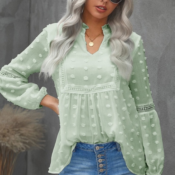Bellanblue Tops - boho v neck swiss dot lace detail blouse Sage